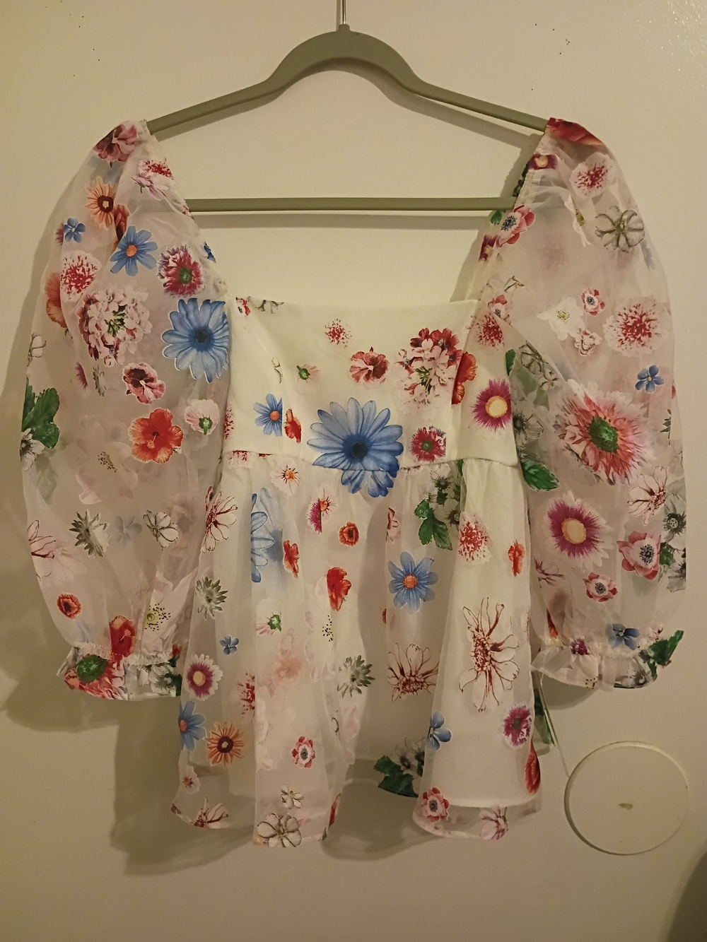 Storia Floral Sheer Puff-Sleeve Square-Neck Blouse - Cream Floral Sz M